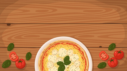Detailed flat vector illustration of a delicious Italian style Pizza Quattro Formaggi on a plate surrounded with fresh ingredients. Room for text.