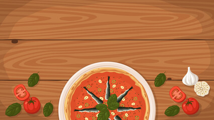 Detailed flat vector illustration of a delicious Italian style Pizza Sardenara on a plate surrounded with fresh ingredients. Room for text.