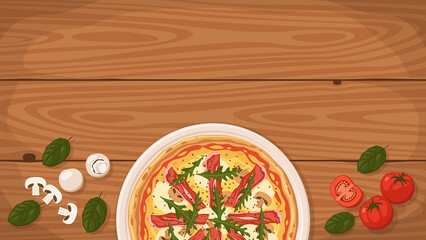 Detailed flat vector illustration of a delicious Italian style Pizza Tirolese on a plate surrounded with fresh ingredients. Room for text.