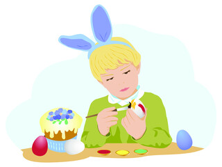 Portrait of happy Boy painting Easter eggs. A german boy with blonde hair bandage with rabbit ears paints eggs for Easter. Easter cake, Easter eggs. Happy Easter Day or preparation for Easter concept.