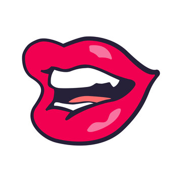 Red female lips in pop art style on a white background for print and design. Vector illustration.