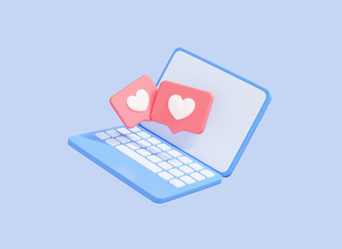 3D Computer laptop with Like icons. Social media concept. Heart message on screen laptop. Social network template. Minimal design. Cartoon illustration isolated on blue background. 3D Rendering