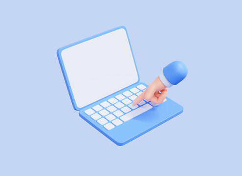 3D Computer laptop with hand finger presses on keyboard button. Typing on notebook. Minimal laptop with empty screen mockup. Cartoon design illustration isolated on blue background. 3D Rendering