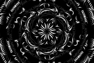 seamless circular circle  Black and white caleidoscope gradient flower art pattern of indonesian traditional tenun batik ethnic dayak ornament for wallpaper ads background 