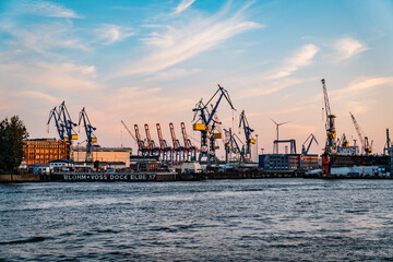 hamburg port at sunset