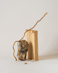 Minimalist monochrome still life compositionwith a stone, wood and branch. Abstract modern art design concept. Still life photo