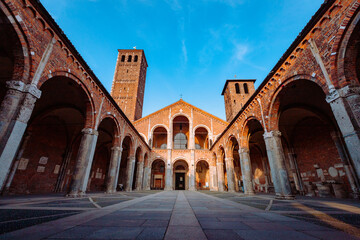 Fototapeta na wymiar Wide view of the Basilica of Sant'Ambrogio, no people