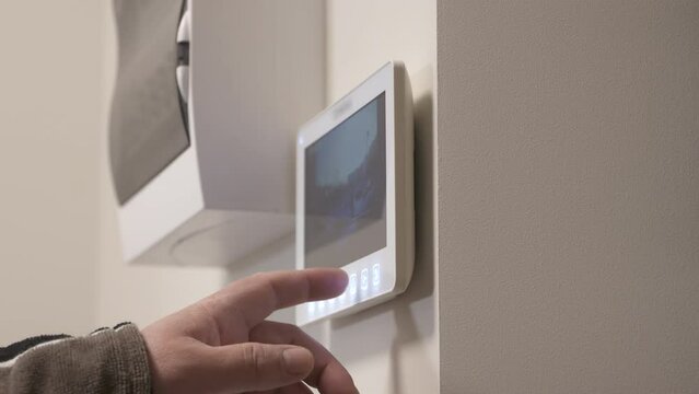 Apartment video intercom system, video doorbell with camera and monitor. Monitoring, unlock. High quality 4k footage