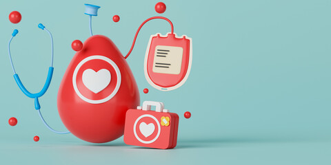 3d rendering concept blood donation illustration with copy space for text or message. Drop of blood with stethoscope, first aid kit box and blood bag. 