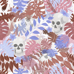 Seamless pattern with exotic jungle plants and human skulls. Tropical palm leaves and flowers. Illustration for Mexican holiday Day of the Dead, Dia de los Muertos, multicolored on white background