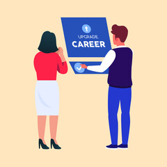 Manager and employee using touch screen panel about upgrade career in office. Colored flat graphic vector illustration.