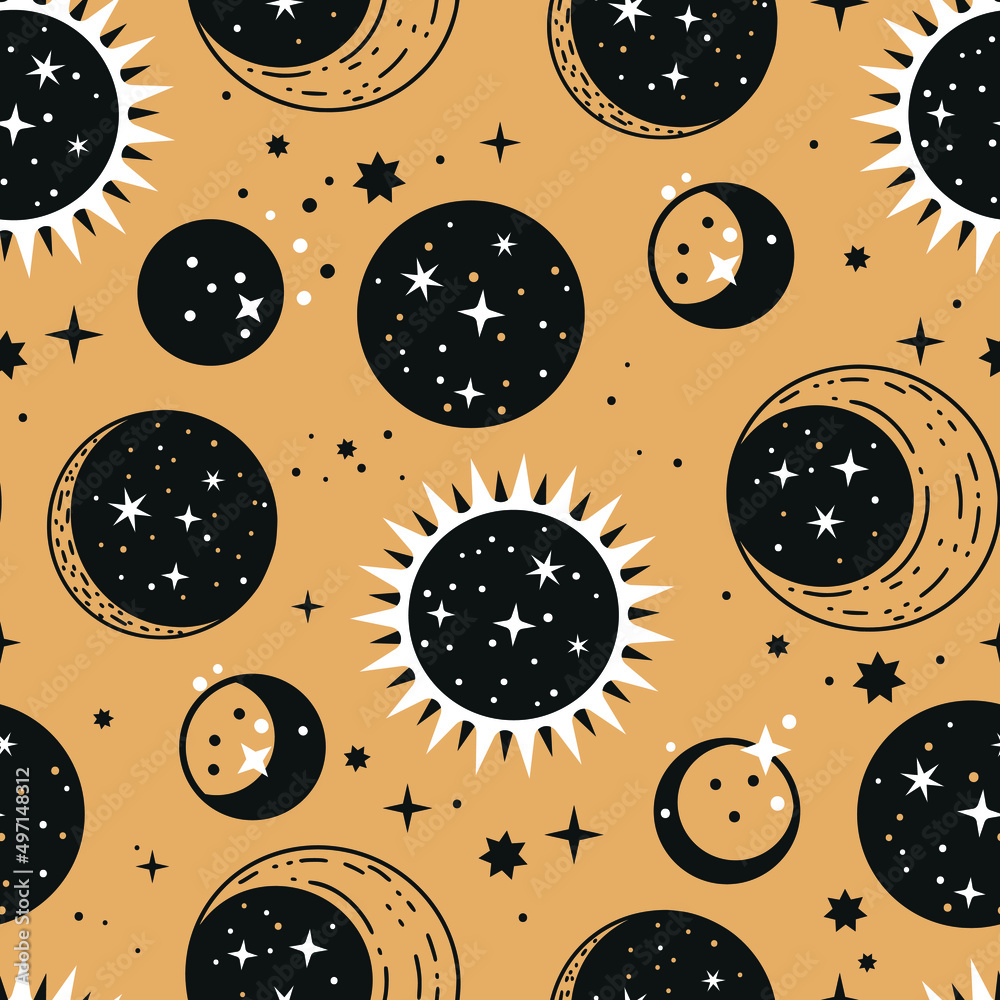 Wall mural witchy seamless pattern, celestial pattern design vector, bohemian celestial pattern vector image