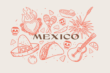 Large set of traditional Mexican symbols in linear style. Hand drawn agave, heart, sombrero, maracas, taco flatbread, skull, guitar, guacamole sauce, jalapeno pepper. Vector illustration.