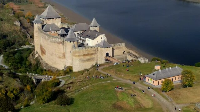 Aerial video of ancient Khotyn Fortress on the bank of Dniester River in Ukraine