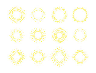 set of explosive gold sunrise doodle rays, sunburst, isolated fireworks for logo, emblem, tag, stamp, banner, vintage hand draw elements