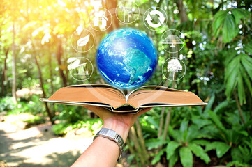 Human Hand holding open book with Earth ball on blurred greenery background. Concept of World...