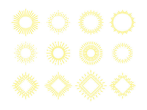 set of explosive gold sunrise doodle rays, sunburst, isolated fireworks for logo, emblem, tag, stamp, banner, vintage hand draw elements