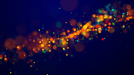 Magical multicolored sparkles of light form abstract simple spiral structure. Multi-colored glow particles float in viscous liquid as fantastic 3d background. 3d render