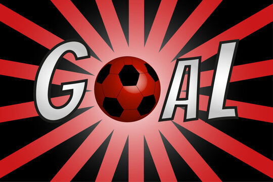 Animated text celebrating a goal in red color, with a ball, banner and sale promotion poster