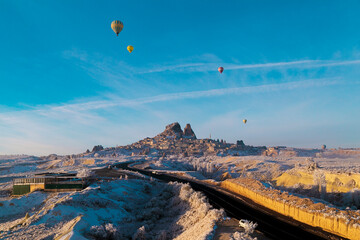 Hot air ballons flying over Cappadocia National Park Goreme Turkey