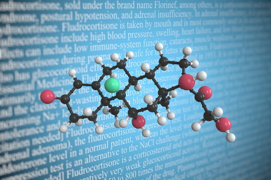 Molecular model of fludrocortisone, 3D rendering