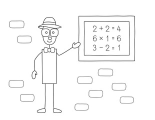 teaching kids mathematics, stick figure teacher. study and learning concept. black and white design that you can print on standard 8.5x11 inch paper