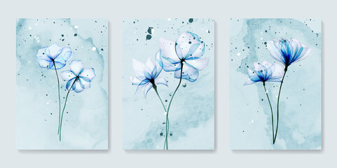Watercolor art background with blue flowers. A set of posters with flower bouquets for the design of invitations, prints, wallpapers, decor, packaging