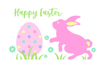 Happy Easter greeting card with pink bunny, egg, flowers isolated on white background. Vector flat illustration. Design for poster, invitation, banner