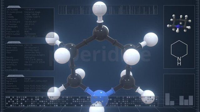 Molecule of piperidine with infographics on the computer monitor, loopable 3d animation