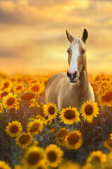 Palomino stallion portrait in sunflowers in sunset light