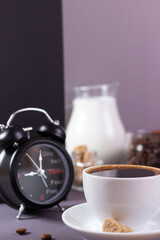 Cup of coffee on table. Coffee and break relax concept