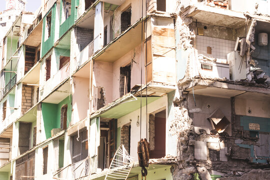 residential apartments demolished. Building in ruins