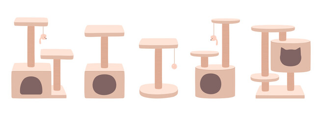 Cat towers and scratching posts. Luxury animal houses beige color. Cat tree with home. Furniture set for kittens. Flat vector illustrations isolated on white background.