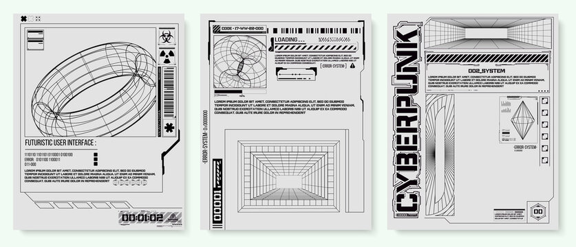 Collection of modern abstract posters. In acid style. Retro futuristic design elements, perspective grid, tunnel, circle. Black and white retro cyberpunk style. Futuristic info boxes layout templates.