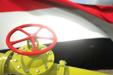 Waving flag of Yemen and the gas or oil pipeline valve. Conceptual 3d rendering
