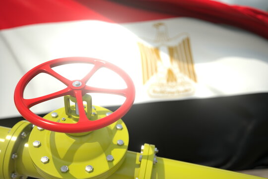 Waving flag of Egypt and the gas or oil pipeline valve. Conceptual 3d rendering
