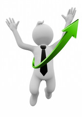 3D illustration of white character jumping to the sky to celebrate success