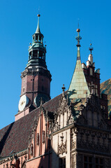 Clock on the Town Hall on the Market Square in Wroclaw. Historical and tourist attractions in Poland