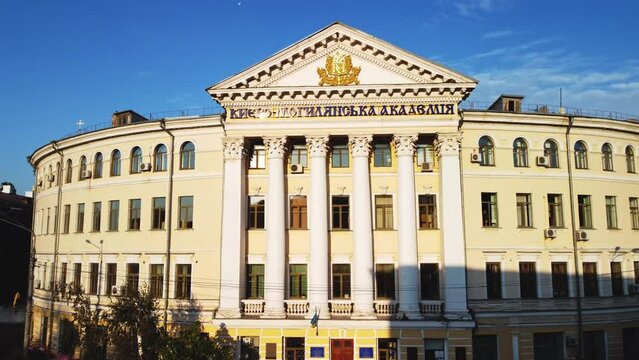 Kyiv, Ukraine - October 4, 2021: Main building of National University of Kyiv-Mohyla Academy (NaUKMA), aerial drone view. Concept of education.