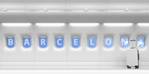 Airliner portholes with Barcelona text. 3d rendering