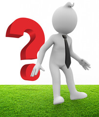 3D illustration of white character standing surprised in front of a question mark - 497157588