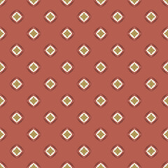 Abstract vector seamless pattern with diamond shapes, stars, rhombuses, crystals. Elegant geometric texture in red, brown and gold color. Simple modern ornament background. Luxury repeat geo design