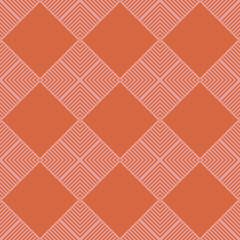 Vector geometric seamless pattern. Abstract pink and orange color texture with squares, rhombuses, lines, grid, lattice, grill, net. Stylish modern checkered background. Repeat design for print, decor