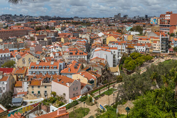 Fototapeta na wymiar Panoramic cityscape of Lisbon, cityscape with historic and traditional architecture in sunny day in late European winter.