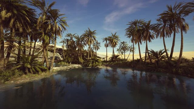 pond and palm trees in desert oasis