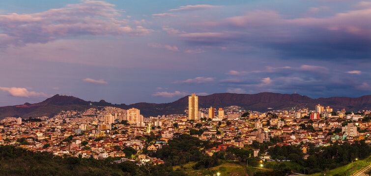 High quality image of Belo Horizonte City during the sunset seen from Pampulha region. Serra do Curral on background. Minas Gerais, Brazil.
