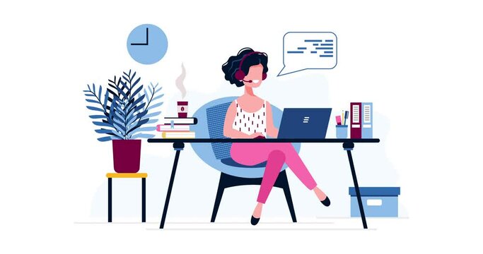 Customer service concept. Happy call center operator with headphones and microphone, talking to a client. Female hotline operator, online technical support. Animation. 4K video