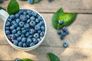 A bowl with fresh bilberry (Vaccinium myrtillus) on an old wooden bench. Fresh garden blueberries.