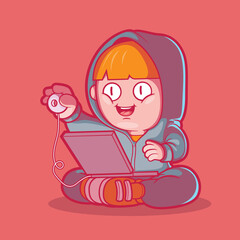 Cute hacker character vector illustration. Technology, protection, digital design concept.