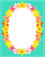 Fototapeta premium 楕円形のプルメリアの花飾りとマリンブルーの背景のイラスト